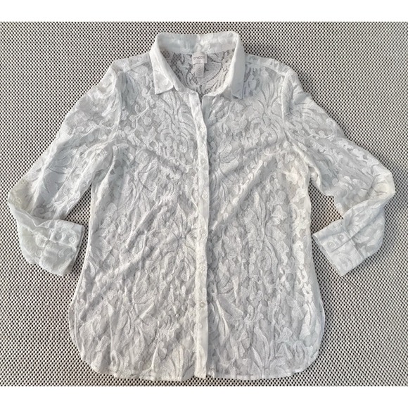 Chicos All Over White Lace Blouse Size 2 L/XL/12 Button Down Sheer Shirt Classic - Picture 2 of 6
